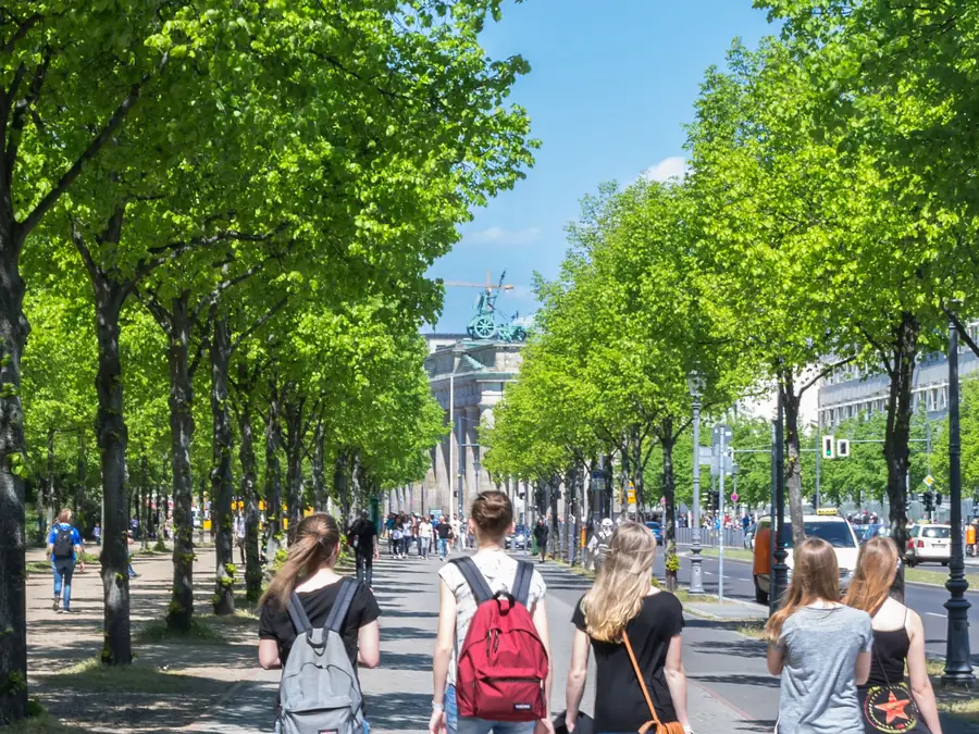 Jugendliche mit Rucksäcken gehen eine von Bäumen gesäumte Berliner Allee entlang.